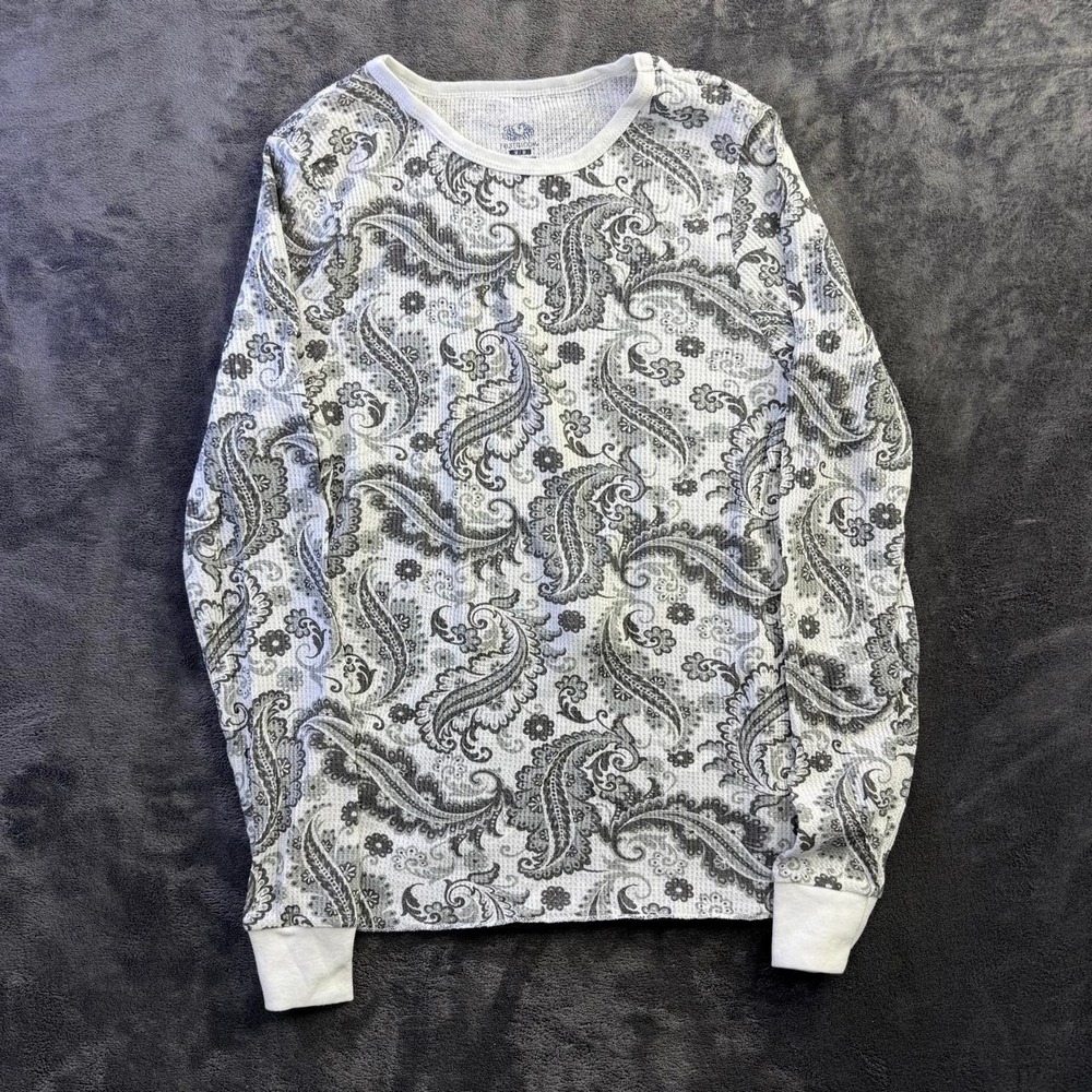 Womens Thermal Top Size Medium White Gray Paisley Waffle Knit y2k